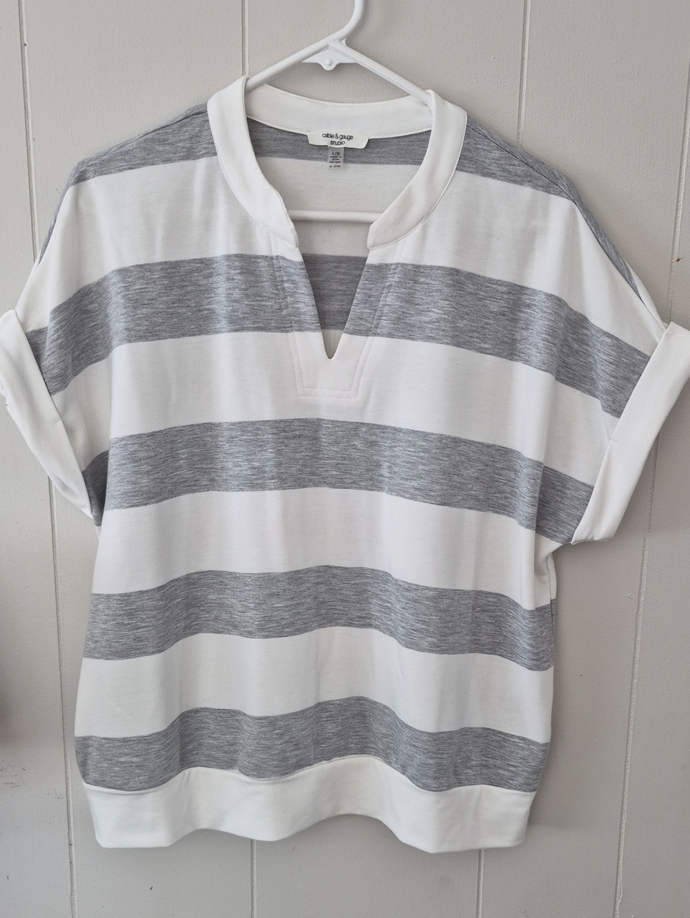 White and Gray Striped V-Notch Pullover